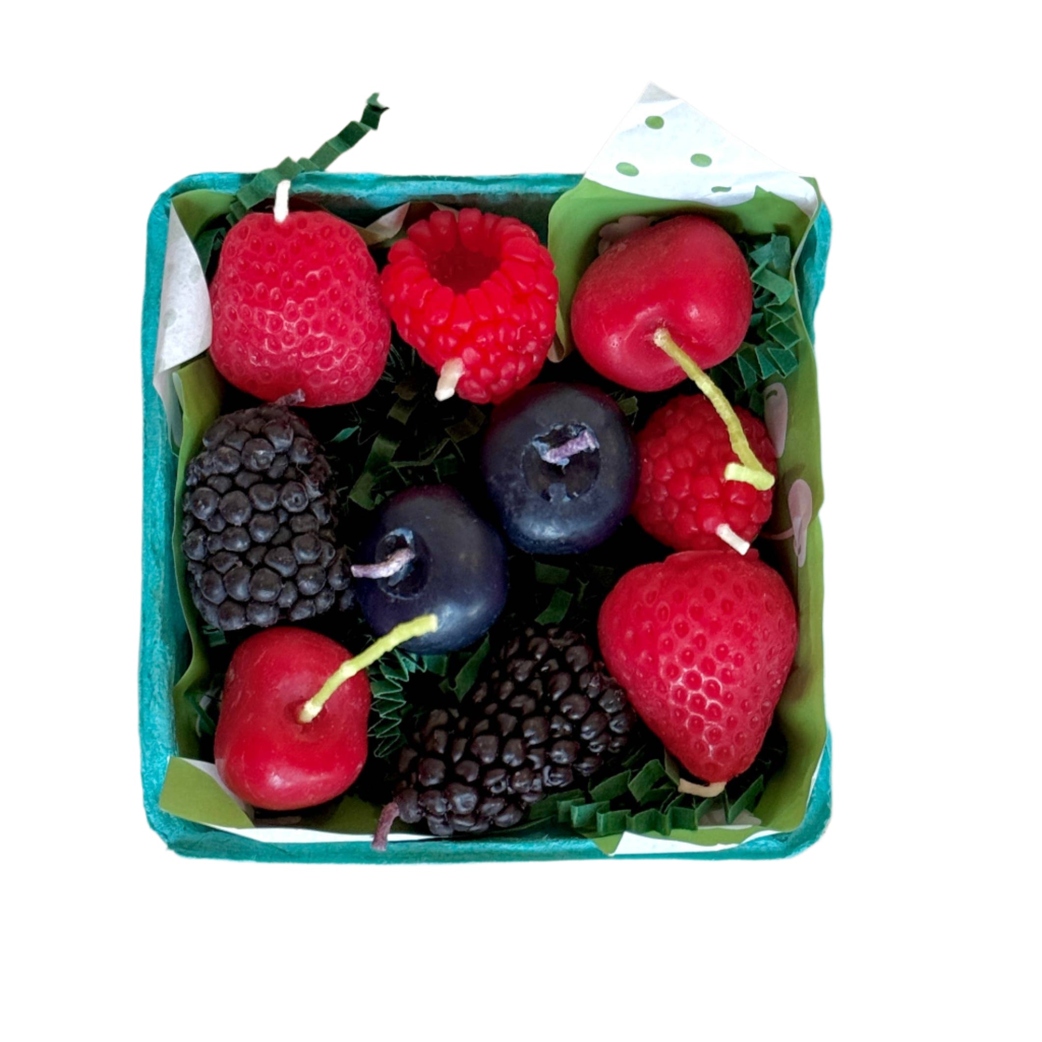 Mixed Berry Beeswax Birthday Candles in Berry Basket